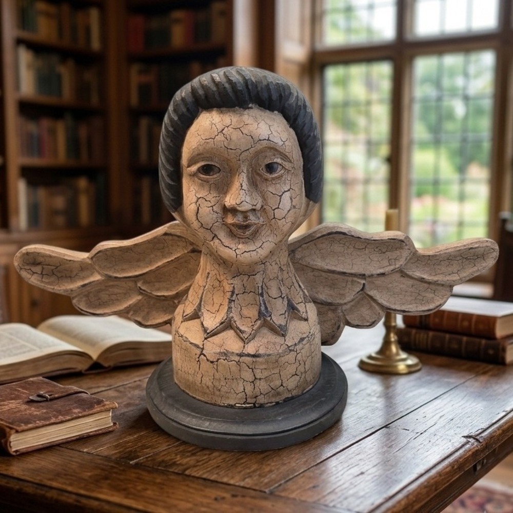 Vintage Style Winged Cherub Angel Bust Crackle Glaze Sculpture Primitive